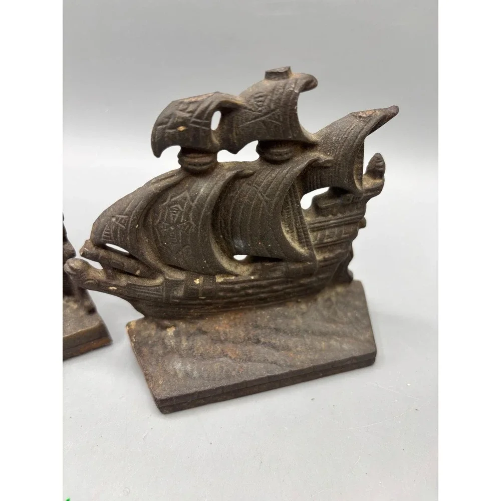 Vintage Cast Iron Sailing Ship Bookends Galleon Nautical Decor Set of‎ 2 Small